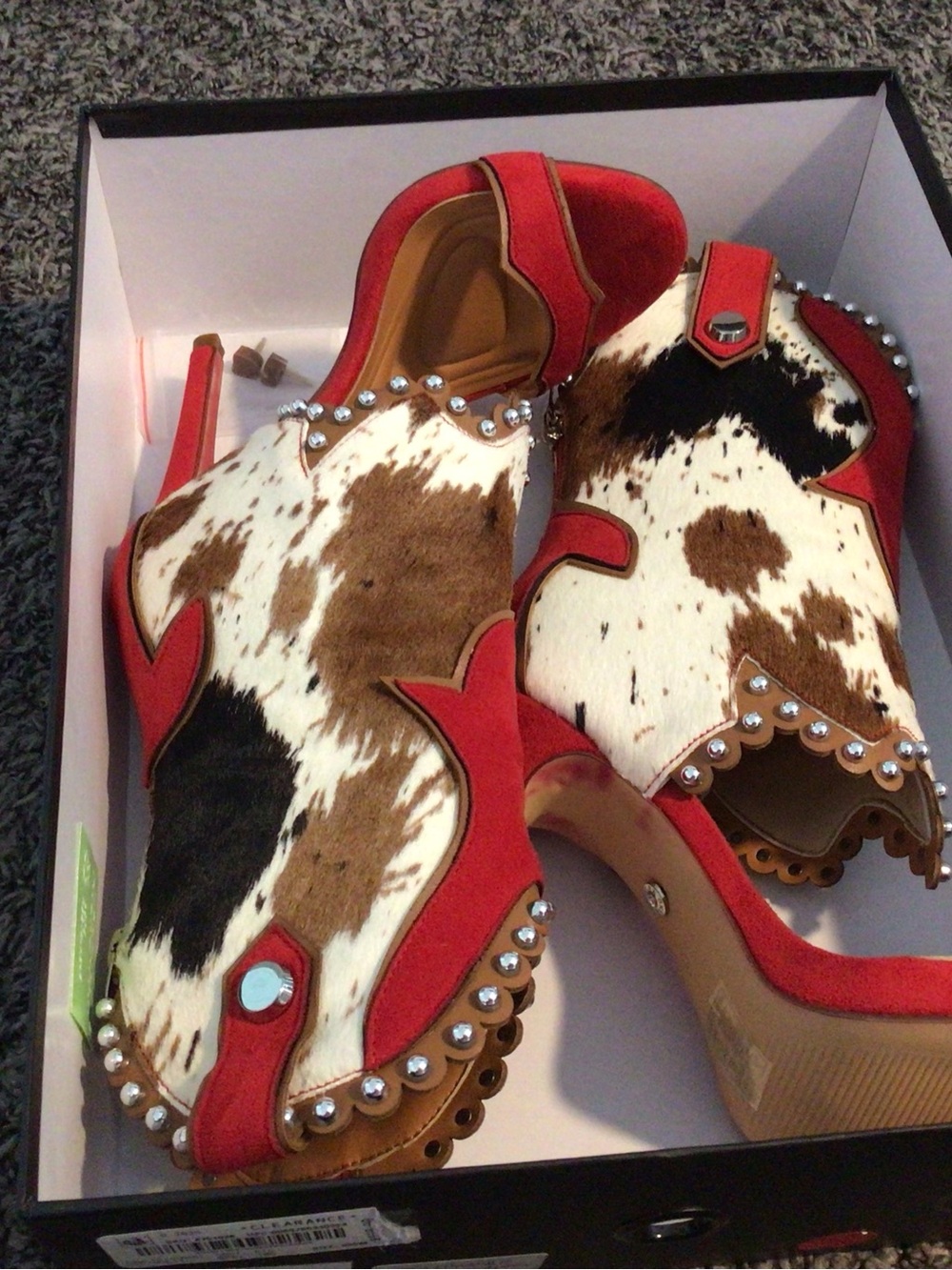 Red Cowhide-Accent Studded Platform Booties